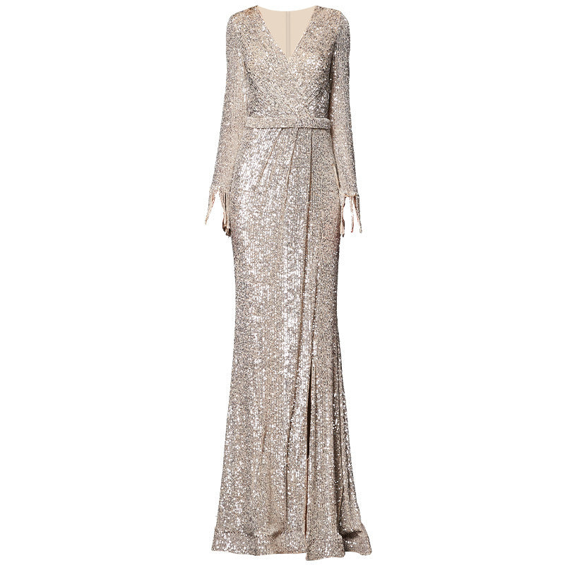 Vestido largo de noche con lentejuelas para anfitriona de la reunión anual de damas de banquete de temperamento