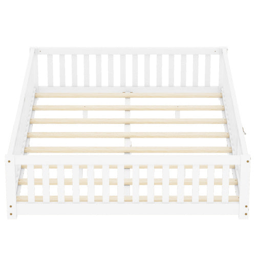 Cama Queen Size con base de suelo y barandillas de seguridad para niños, color blanco