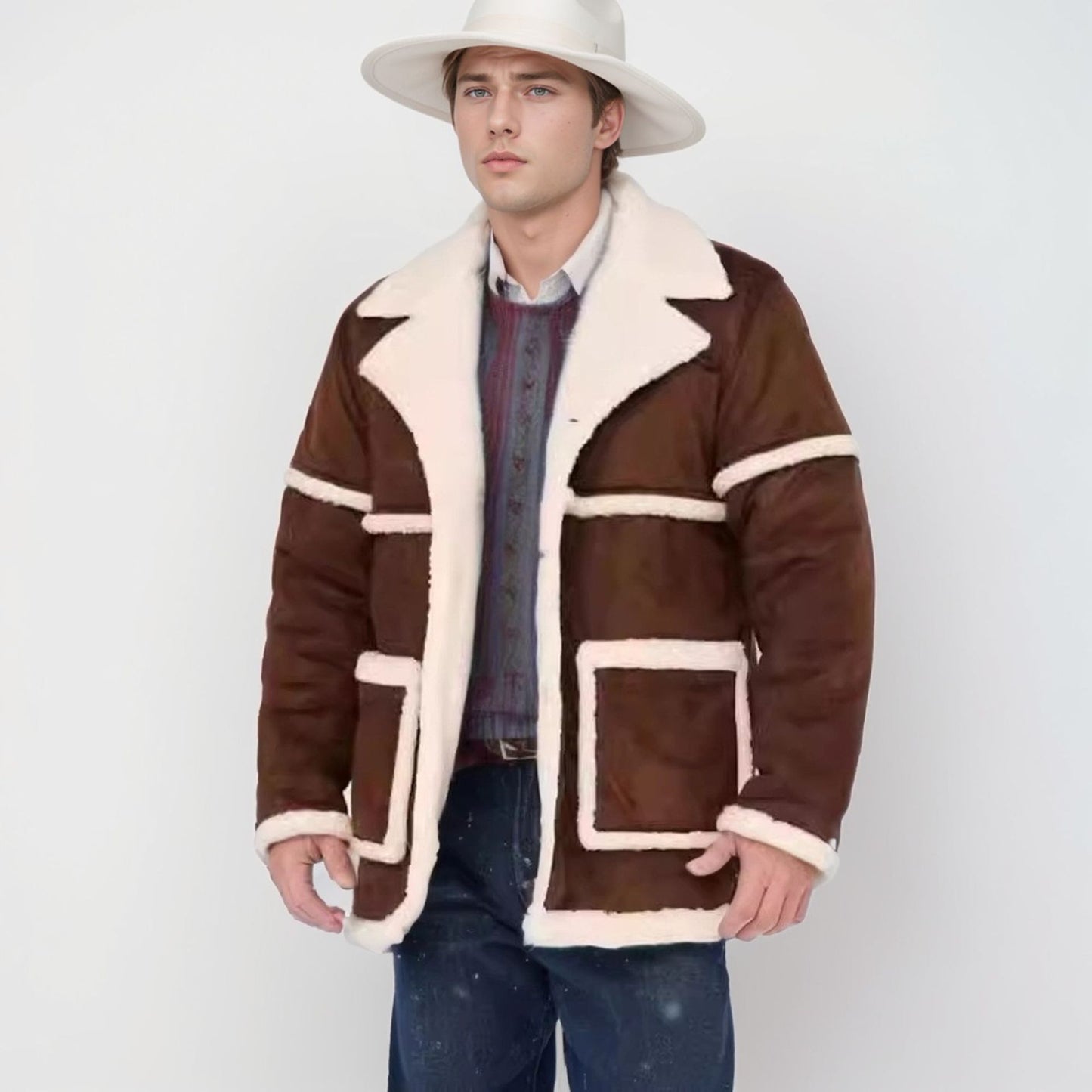 Chaqueta de forro polar dorada para hombre, abrigo grueso estilo británico con solapa de piel