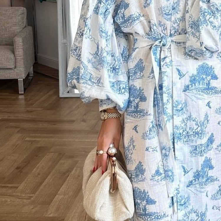 Vintage Ink Print Long Sleeve Cardigan Tied Dress