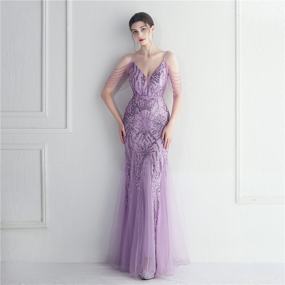 Vestido de noche largo camisola de malla con cuentas para novias y cenas de boda
