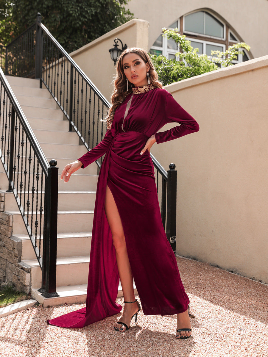 Vestido de noche sexy de terciopelo coreano con cuello alto para mujer