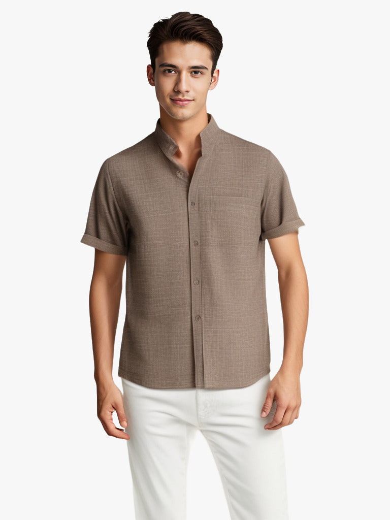Camisa de solapa de manga corta de color liso, Top de algodón y lino transpirable de verano, ropa para hombre