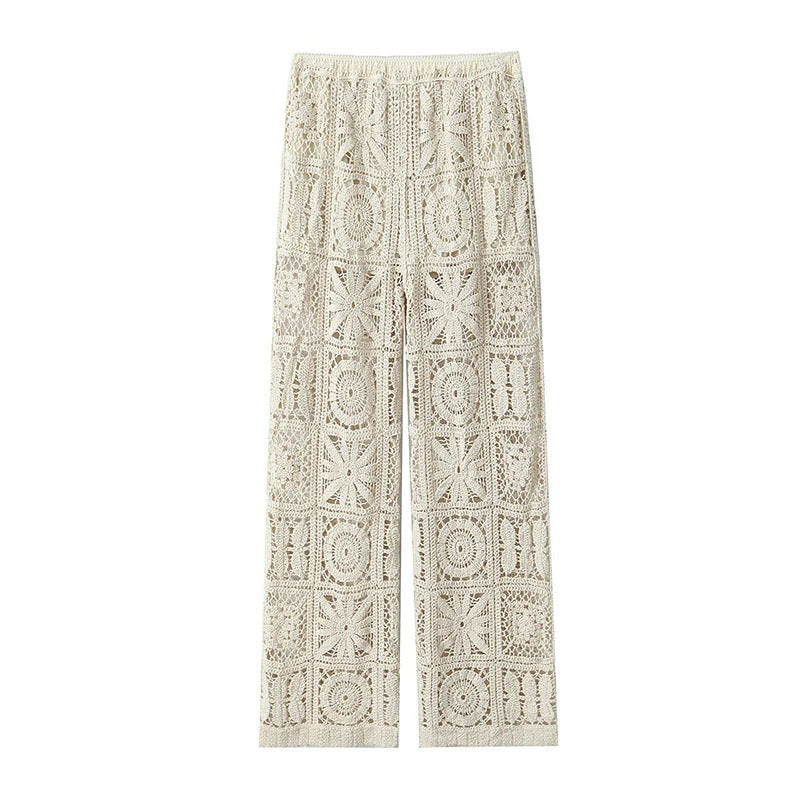 Women's Fashion Three-dimensional Hollow-out Crocheted V-neck Knitted Cardigan Wide-leg Lace Pants