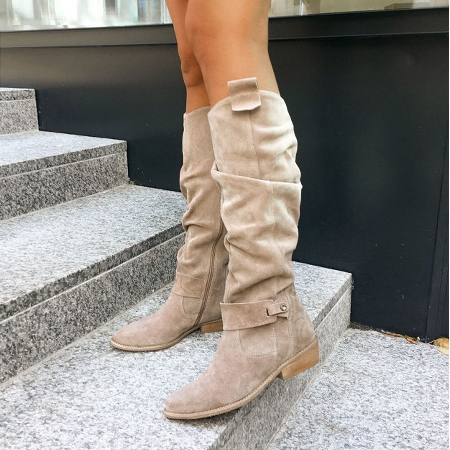 Botas altas de ante con cremallera lateral y tacón bajo para mujer, otoño e invierno