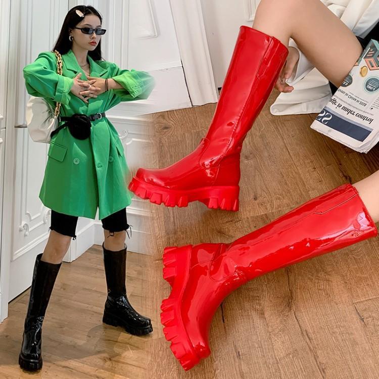 Botas de mujer, zapatos de gran tamaño con suela gruesa, punta redonda, tacón medio y tacón alto