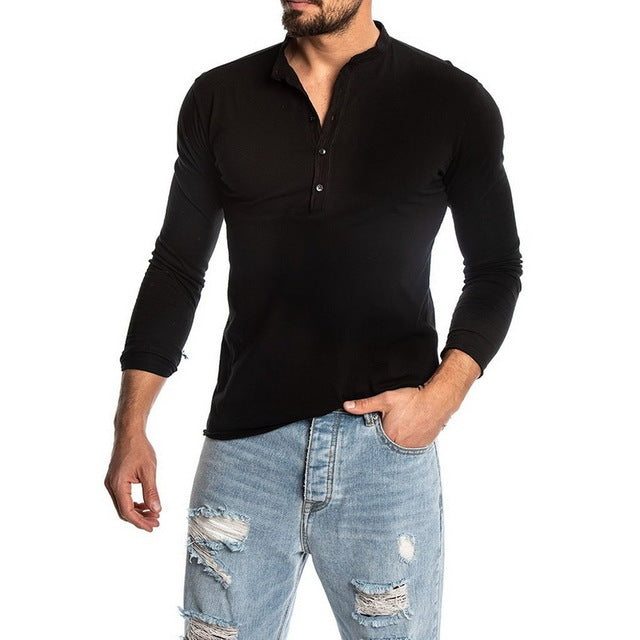 Camisetas con cuello redondo y manga larga de color liso a la moda para hombre