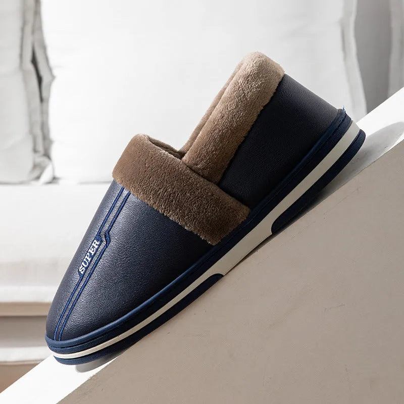 Zapatillas de cuero impermeables con fondo grueso, zapatos cálidos antideslizantes para interiores