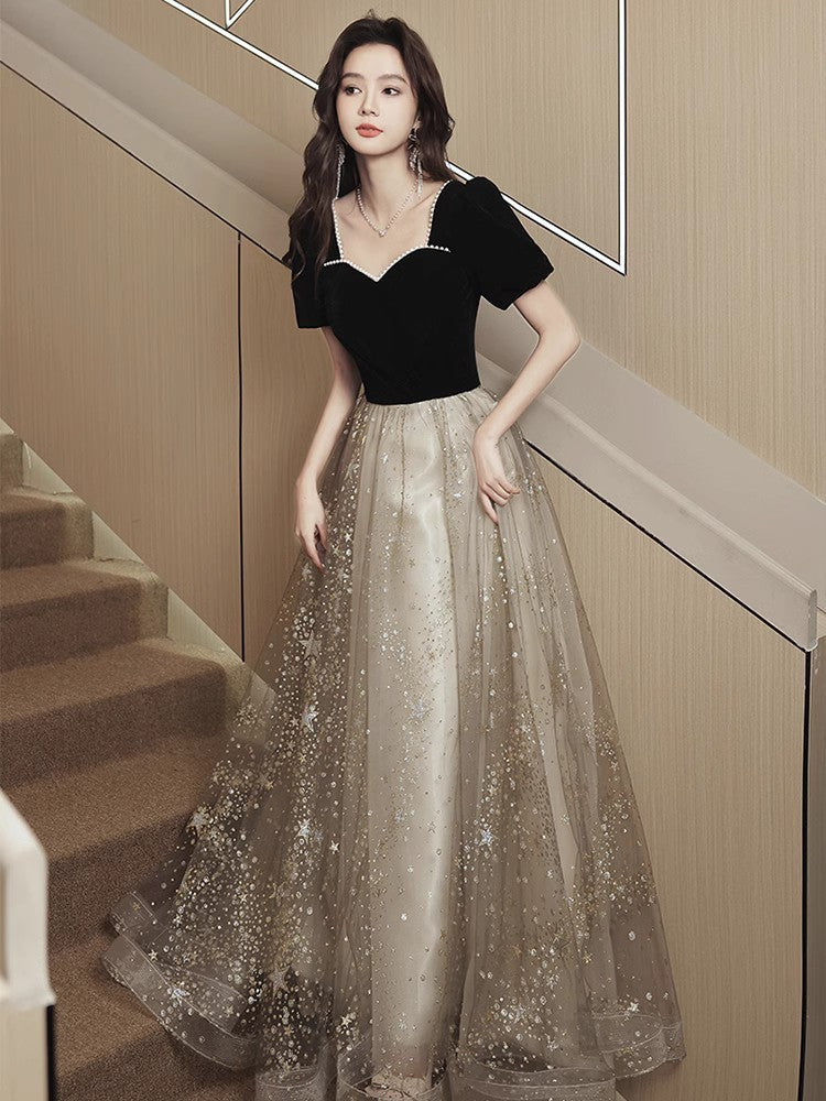 Vestido de noche negro, ligero y lujoso, de estilo francés para mujer.