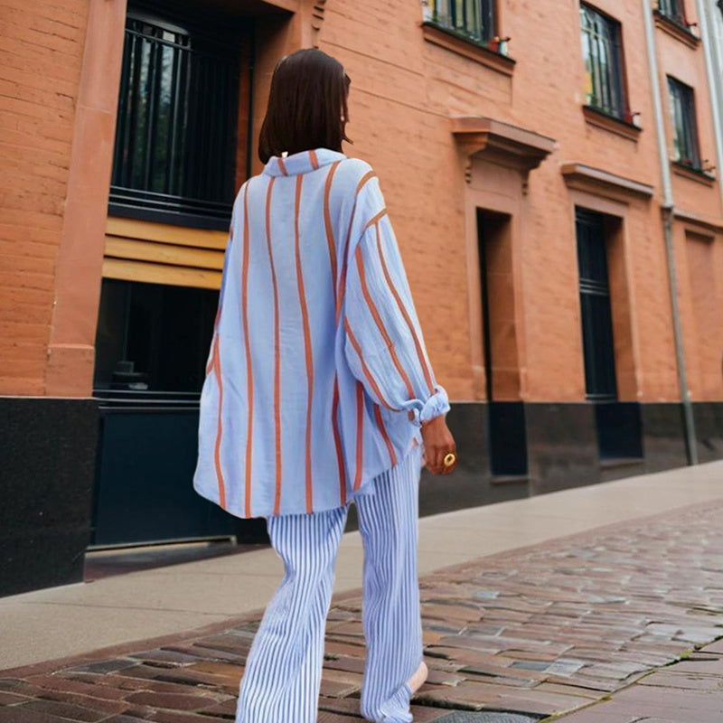 Women's Casual Striped Button-Down Shirt With Drop Sleeves Comfortable Loose-Fit Long Sleeve Top For Spring & Fall