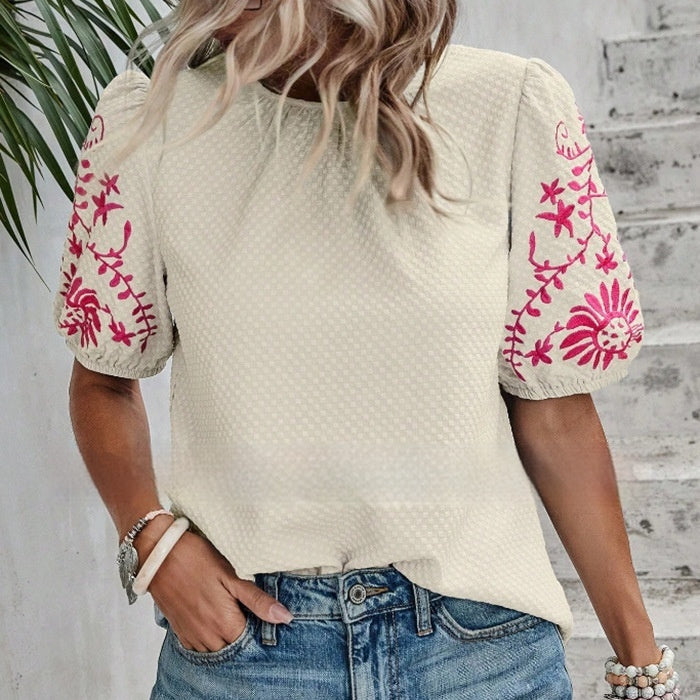 Women's SpringSummer Embroidered Crew Neck Bubble Short Sleeve Shirt Top