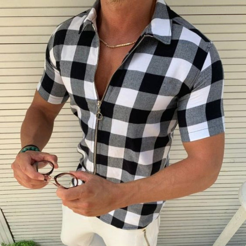 Camiseta a cuadros para hombre con cremallera camisas de manga corta ropa de verano para hombres