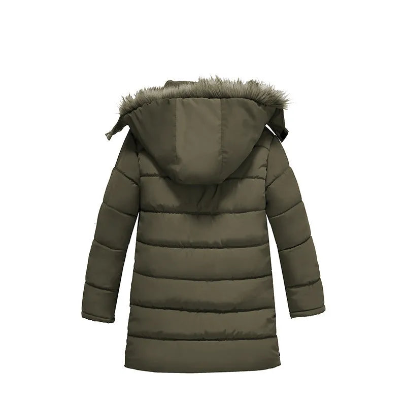Chaqueta de algodón cálida acolchada con cuello de piel grande para niños