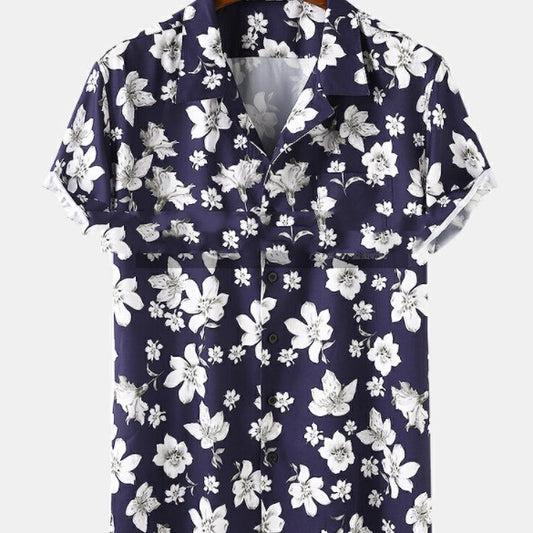 Camisas transpirables de vacaciones de manga corta con estampado floral de flor de melocotón para hombre