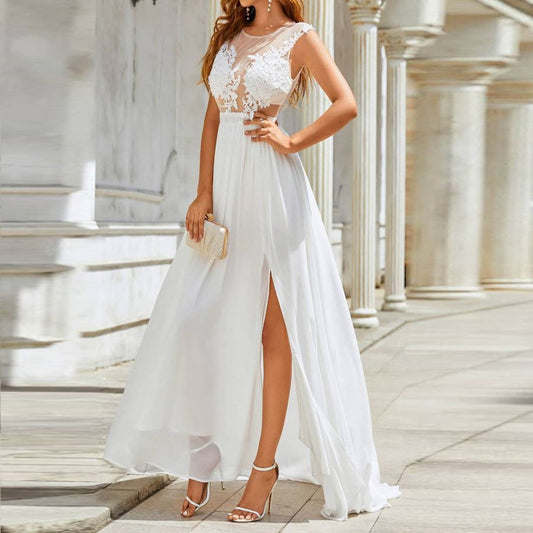 Vestido de novia de gasa con encaje y cola grande