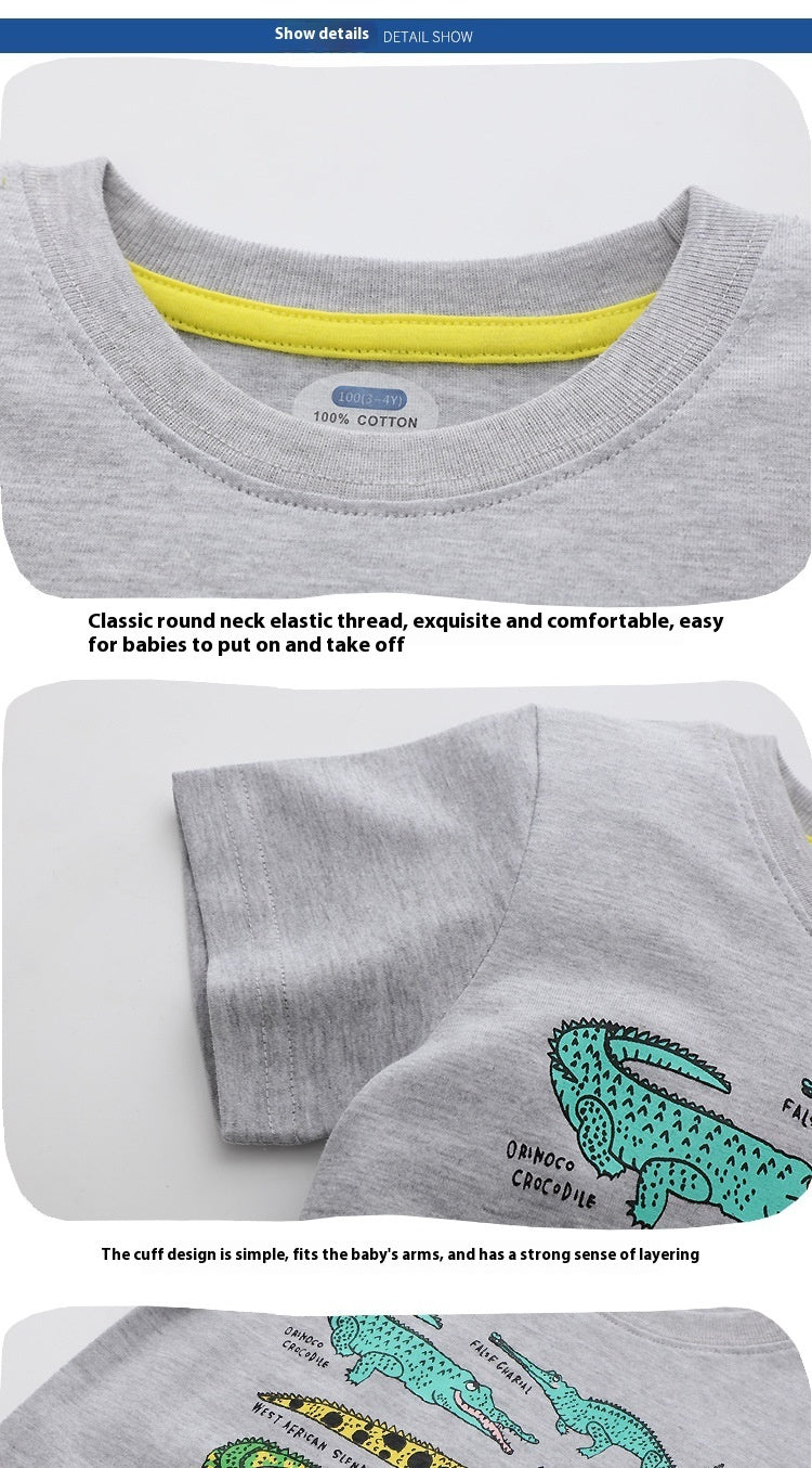 Camiseta de manga corta con bordado y estampado de dibujos animados para niños de verano