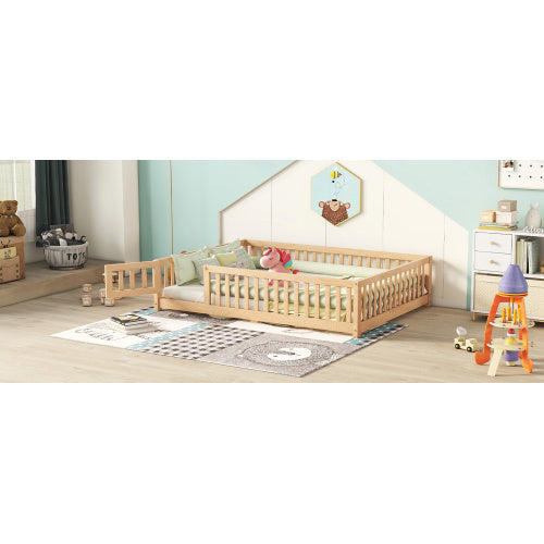 Cama de tamaño completo con barandillas de seguridad y puerta para niños, color natural