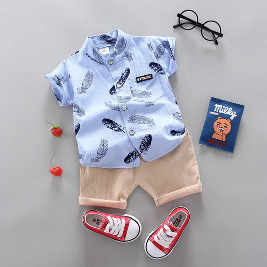 Bebé niños bebé pluma dibujos animados manga corta camisa pantalones cortos traje de dos piezas