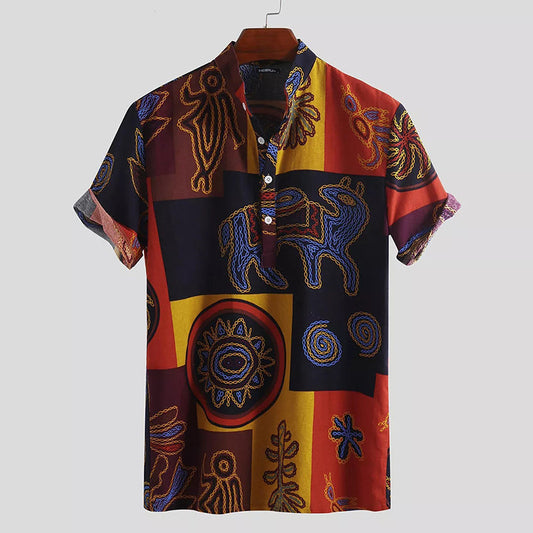 European And American Fashion Totem Print Shirt Large Size Collar Short Sleeve Top