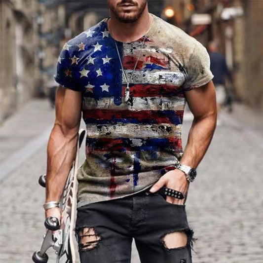 Camiseta Vintage con estampado de bandera de EE. UU. y cuello redondo para hombre, camisetas ajustadas de manga corta de verano, Jersey, ropa informal para hombre, ropa de calle de moda 3XL