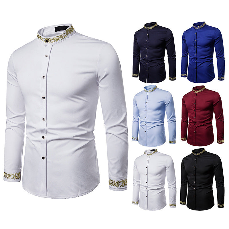 Camisa blanca con bordado dorado para hombre, camisas de vestir con cuello alto nueva, informal, ajustada, de manga larga, Camisa Masculina