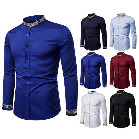 Camisa blanca con bordado dorado para hombre, camisas de vestir con cuello alto nueva, informal, ajustada, de manga larga, Camisa Masculina