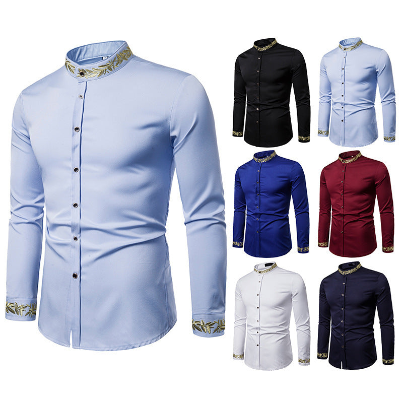 Camisa blanca con bordado dorado para hombre, camisas de vestir con cuello alto nueva, informal, ajustada, de manga larga, Camisa Masculina