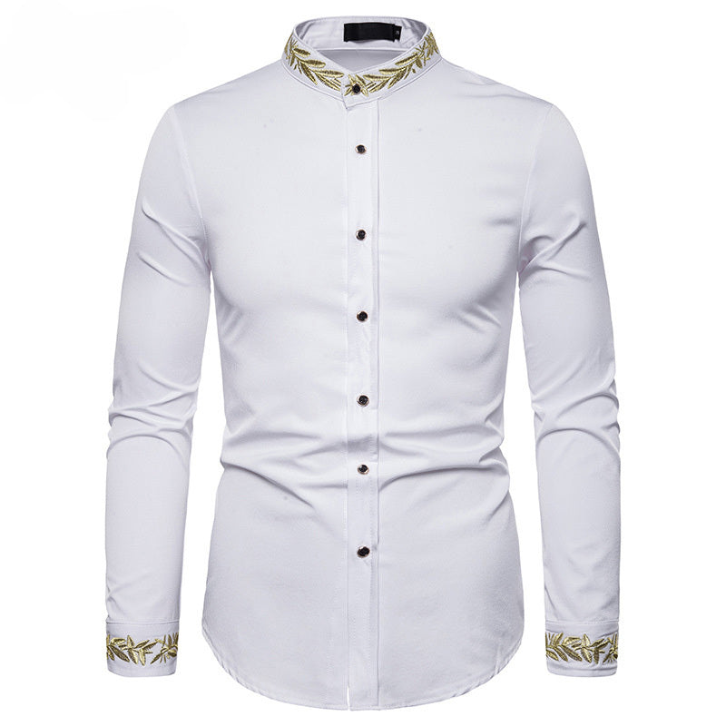 Camisa blanca con bordado dorado para hombre, camisas de vestir con cuello alto nueva, informal, ajustada, de manga larga, Camisa Masculina