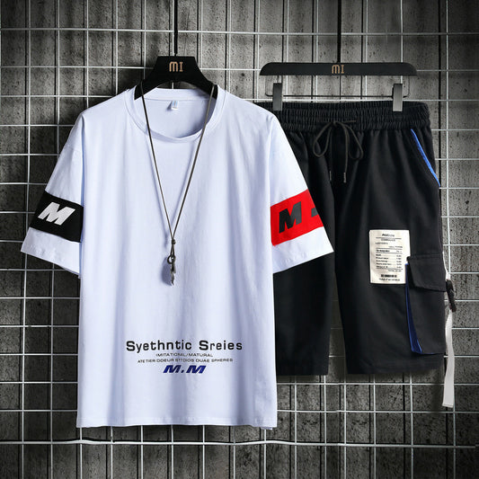 Conjuntos de chándal de verano para hombre, camiseta informal holgada de manga corta, pantalones cortos, conjuntos de 2 piezas con estampado de algodón de talla grande