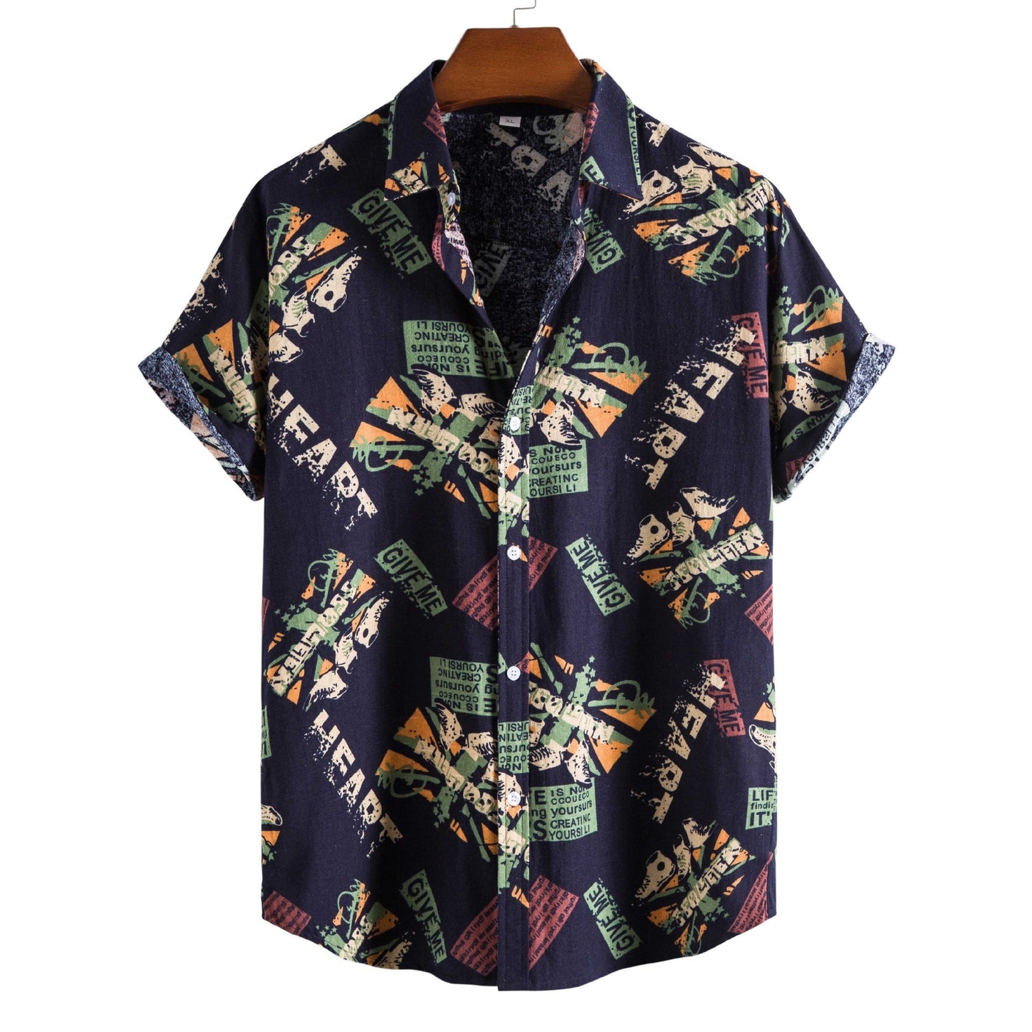 Camisas con cuello vuelto y estampado de letras Vintage para hombre, pantalón corto informal, Tops de manga, camisa holgada con botones para hombre, ropa de calle de moda