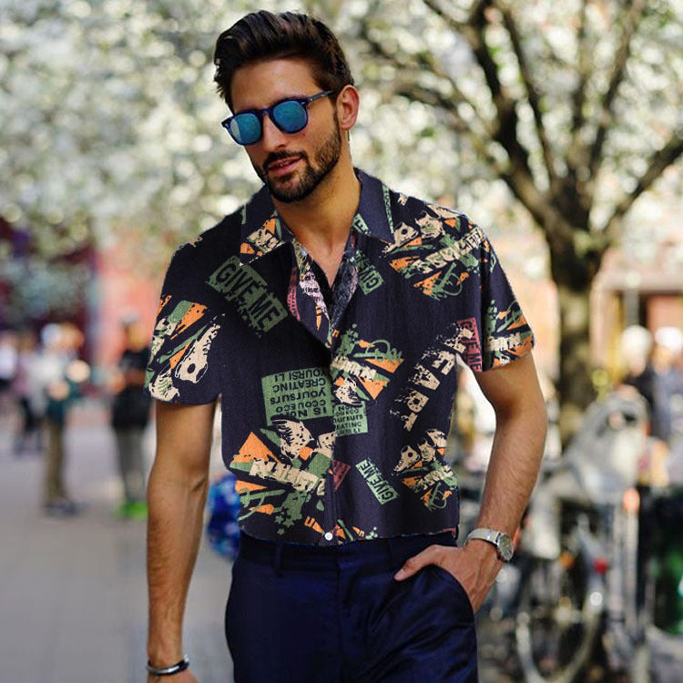 Camisas con cuello vuelto y estampado de letras Vintage para hombre, pantalón corto informal, Tops de manga, camisa holgada con botones para hombre, ropa de calle de moda
