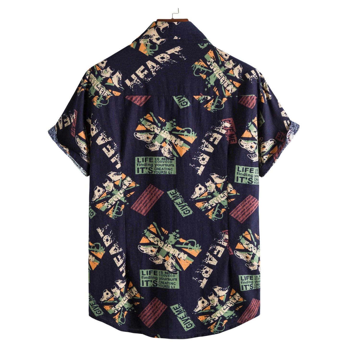 Camisas con cuello vuelto y estampado de letras Vintage para hombre, pantalón corto informal, Tops de manga, camisa holgada con botones para hombre, ropa de calle de moda