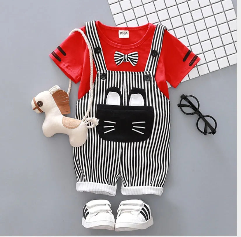 Directo de fábrica, ropa para niños guapos, traje coreano de dos piezas con correa de dibujos animados para bebés, traje de algodón de una generación A128 
