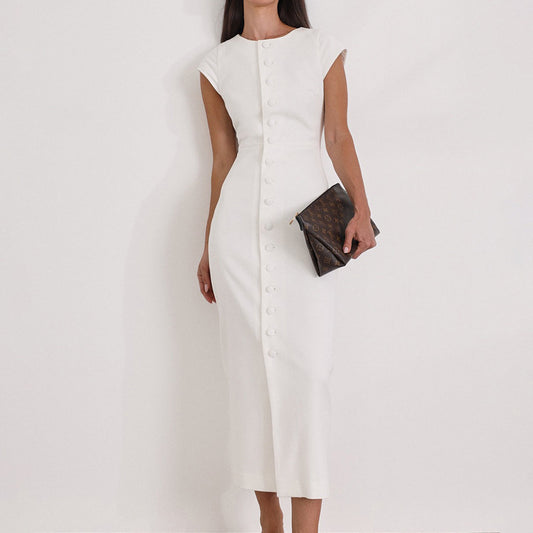 Waist-tight Single-breasted White Sheath Round Neck Flying Sleeves Dress