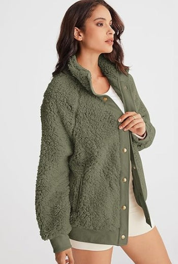Winter Long Sleeve Button Sherpa Jacket Coat Pockets