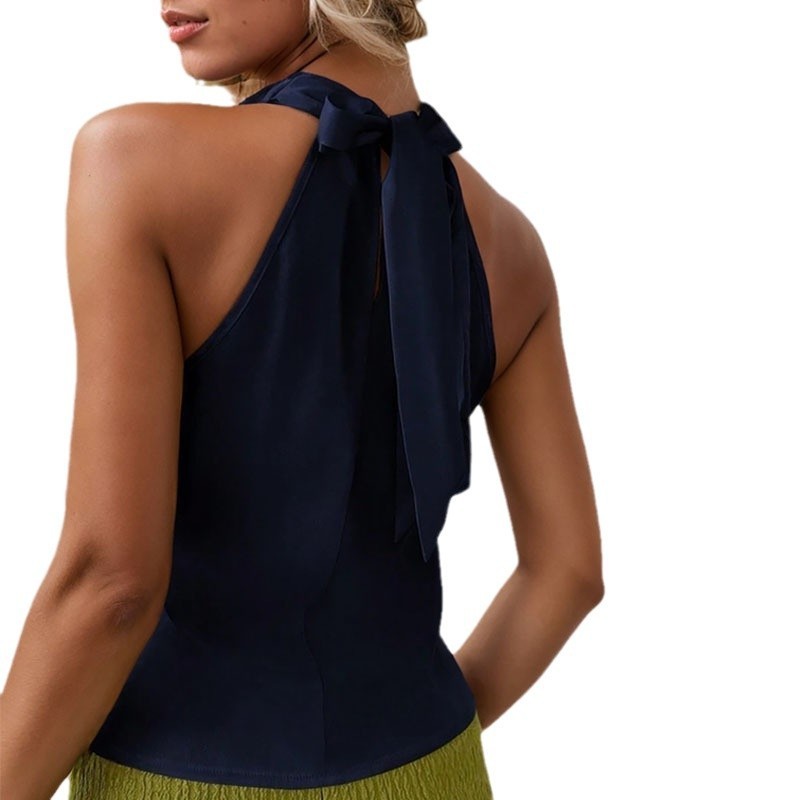 Camiseta sin mangas con cuello halter y espalda descubierta para mujer, elegante y moderna, de color liso, con cuello halter y manga corta