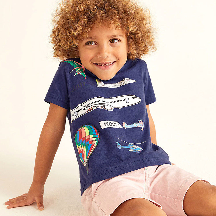 Camiseta de manga corta con bordado y estampado de dibujos animados para niños de verano
