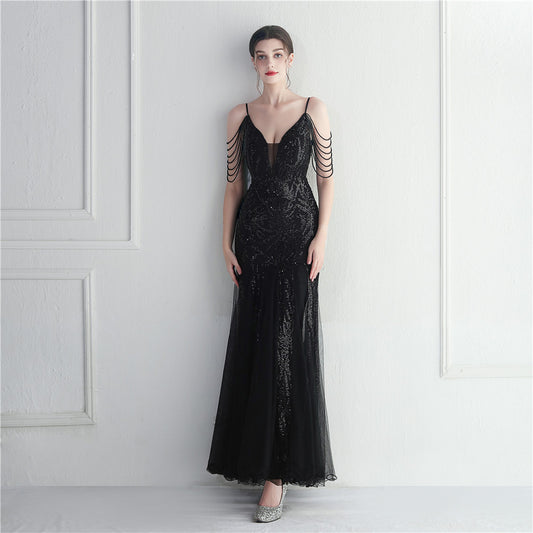 Vestido de noche largo camisola de malla con cuentas para novias y cenas de boda