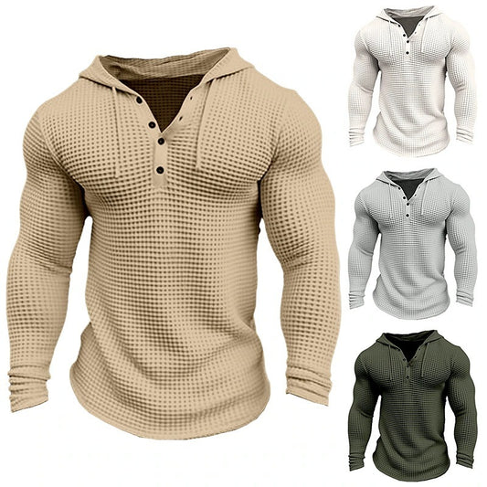 Jersey informal para hombre, camiseta de manga larga, Tops ajustados Waffler, sudadera de Color sólido, ropa de calle cómoda para exteriores, S-3XL