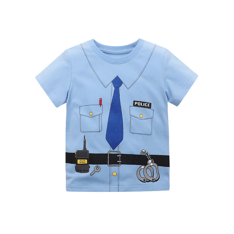 Camiseta de manga corta con bordado y estampado de dibujos animados para niños de verano