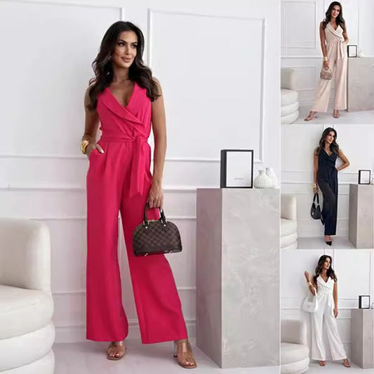 Mono sin mangas con escote en V y diseño de cinturón, pantalones de moda de verano, ropa de mujer