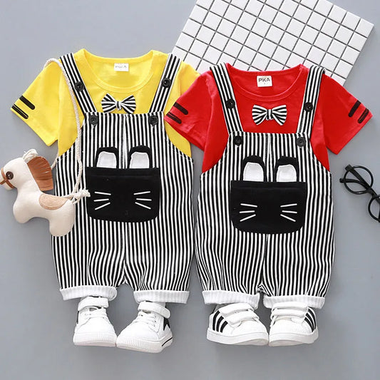 Directo de fábrica, ropa para niños guapos, traje coreano de dos piezas con correa de dibujos animados para bebés, traje de algodón de una generación A128 