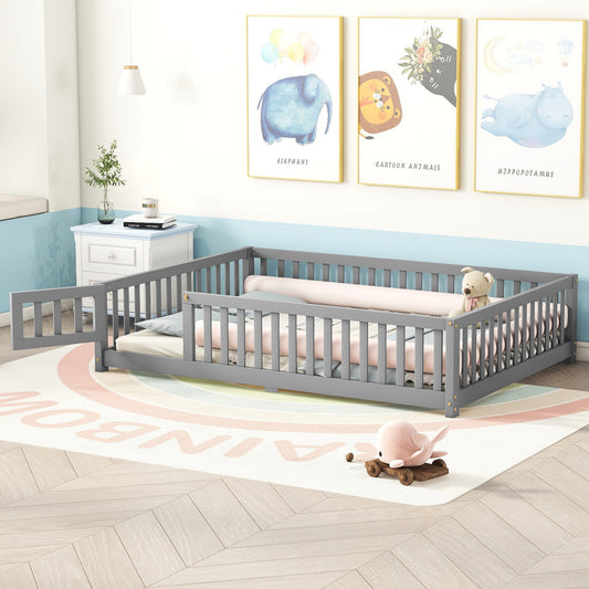 Cama de tamaño completo con barandillas de seguridad y puerta para niños, color gris