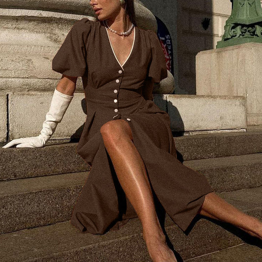 V-neck Puff Sleeve Single-breasted Dress