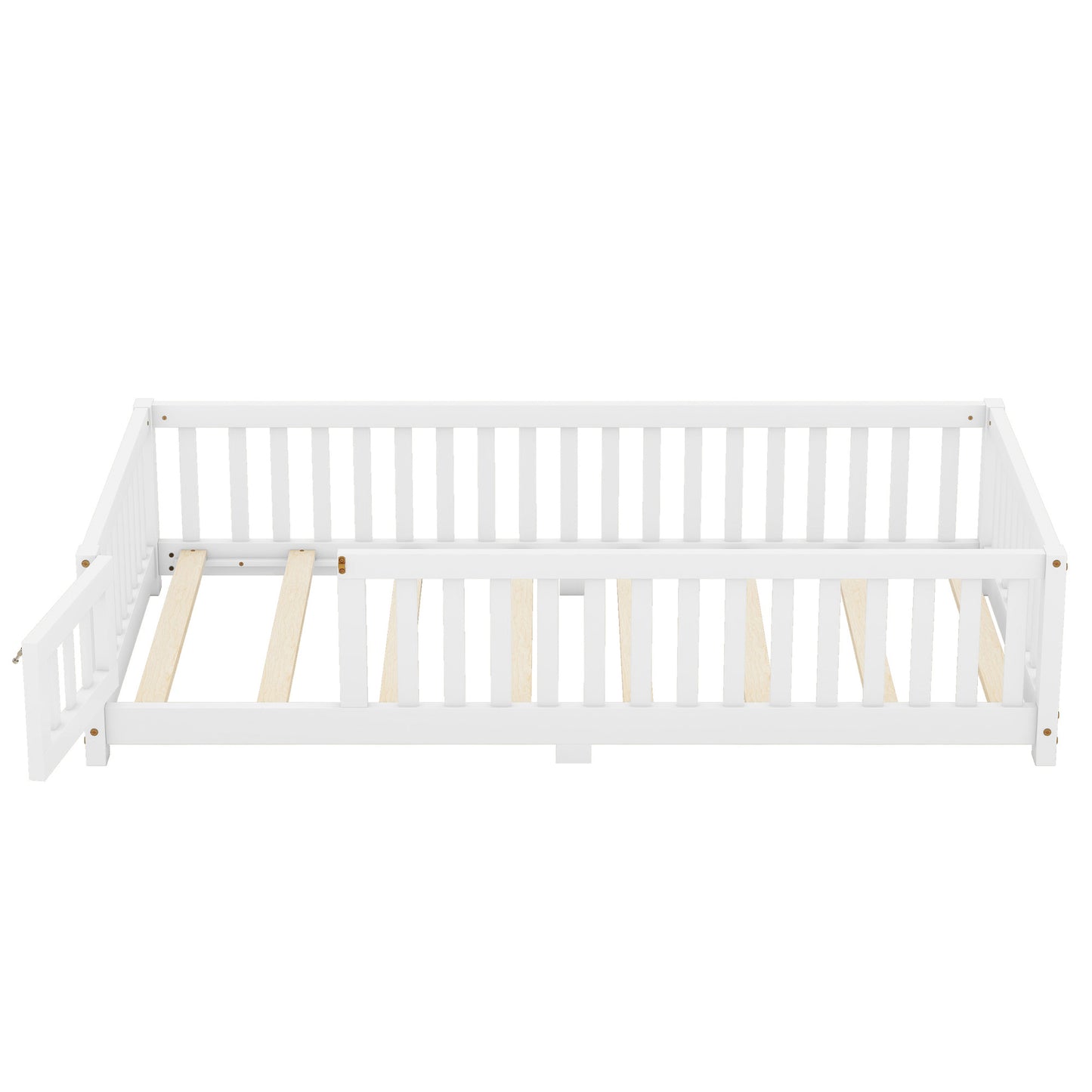 Twin Size Bed Floor Bed With Safety Guardrails And Door For Kids, White