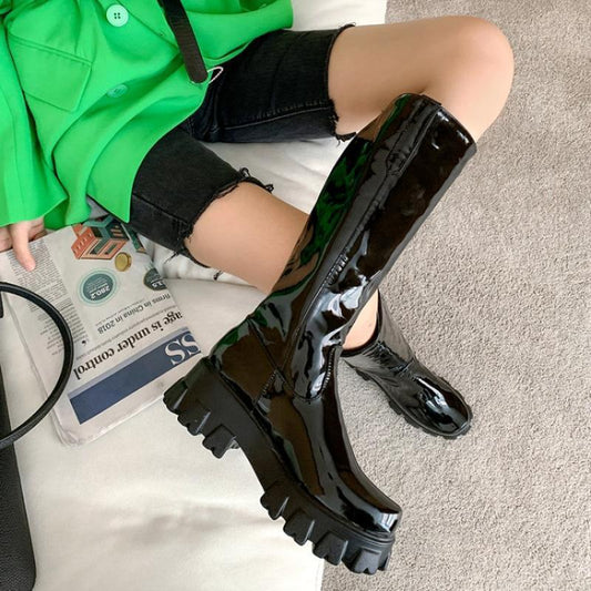 Botas de mujer, zapatos de gran tamaño con suela gruesa, punta redonda, tacón medio y tacón alto