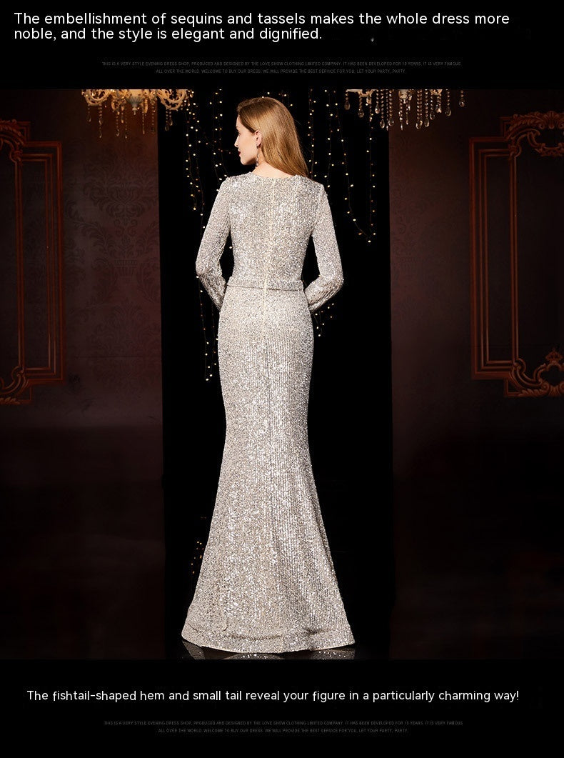 Vestido largo de noche con lentejuelas para anfitriona de la reunión anual de damas de banquete de temperamento