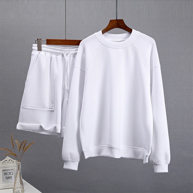 Women's Fashion Casual Solid Color Round Neck Long Sleeve Sweater Shorts Set