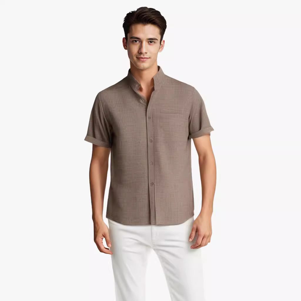 Camisa de solapa de manga corta de color liso, Top de algodón y lino transpirable de verano, ropa para hombre