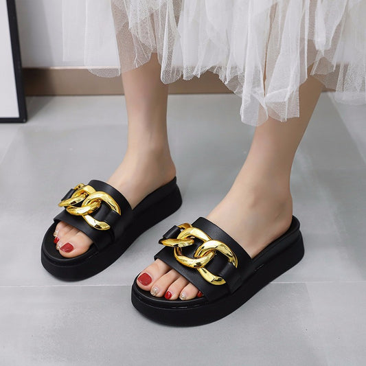 Summer New Style Metal Chain Flat-bottomed Lazy Beach Flip-flop Women